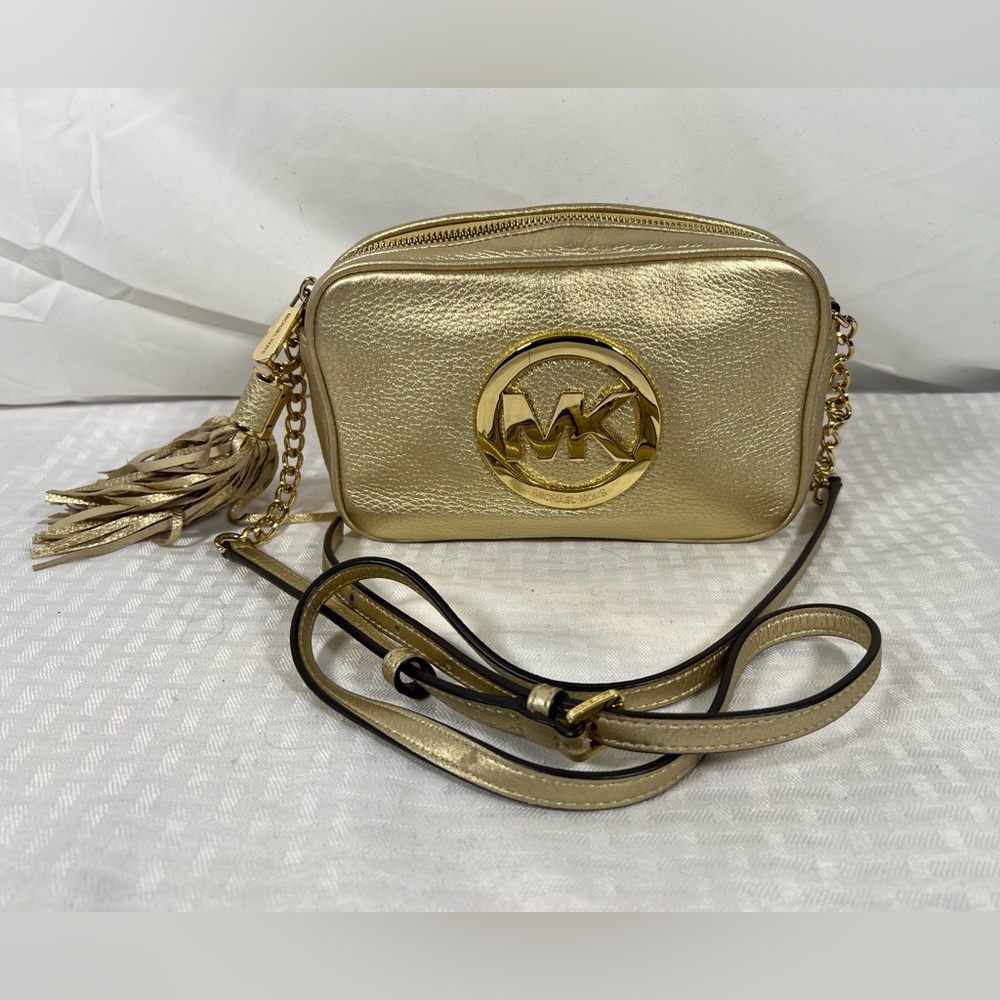 4018: Michael Kors Gold Metallic Leather Camera Crossbody Bag MK